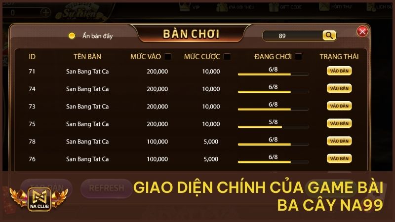 Giao diện chính của game bài Ba cây NA99